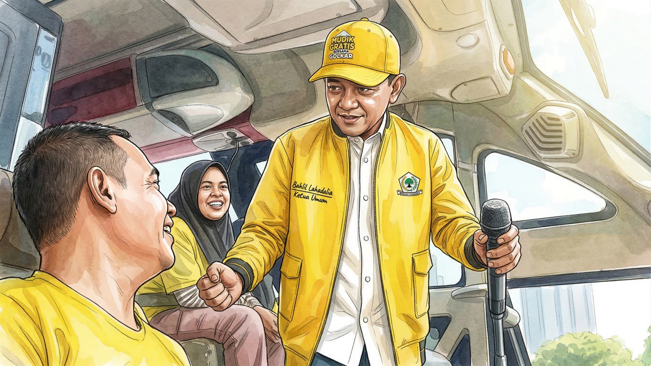 Aksi Kocak Ketua Umum Partai Golkar Bahlil Lahadalia Jadi ‘Sopir Bus’ Dadakan Saat Lepas Mudik Gratis Golkar 2026.
